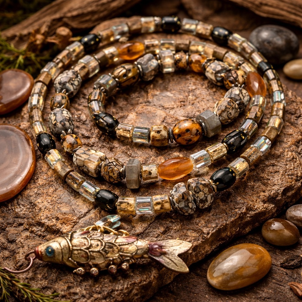 Artisan Wrap Necklace with Leopard Skin Jasper, Agate & Articulated Fish Pendant